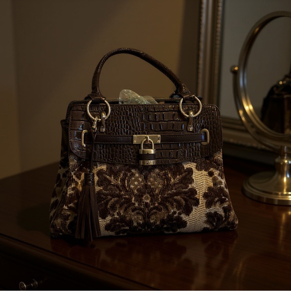 Sharif leather & tapestry handbag, Brown and Cream Satchel